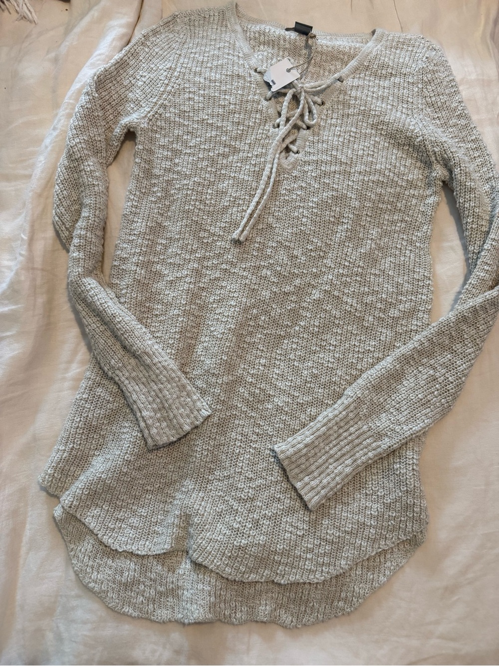 Women’s Lace-Up V-Neck Knit Sweater - Light Heather Oatmeal NWT 1256